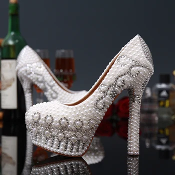 

Handmade Comfortable Rhinestone Fall Winter Bridal Shoes Fashion Wedding Shoes High Heel Pearls Crystal Beaded Prom Shoes