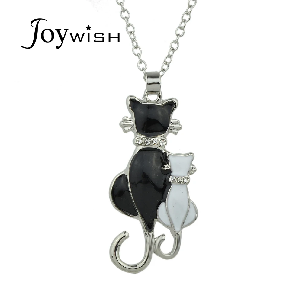 Joywish милые Стиль серебряные украшения Цвет цепь с черный белый цвет эмали Cat Форма