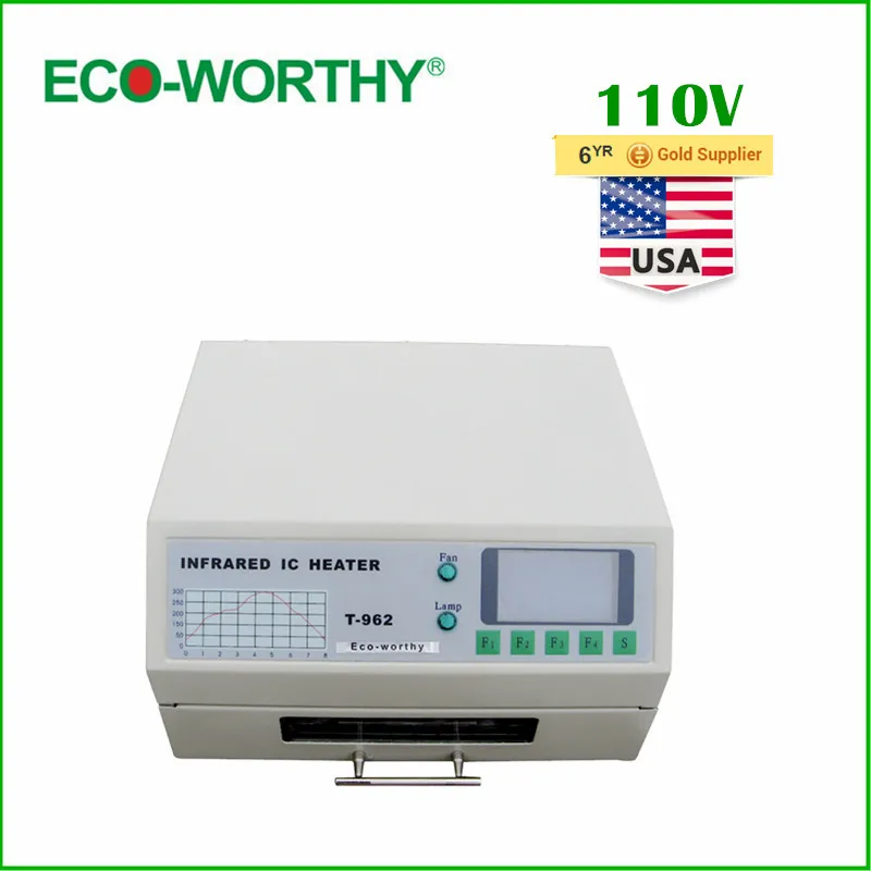 

ECO USA Stock 110V T962 Digital Auto Infrared IC Heater Reflow Oven SMD Solder BGA 180*235mm 800W