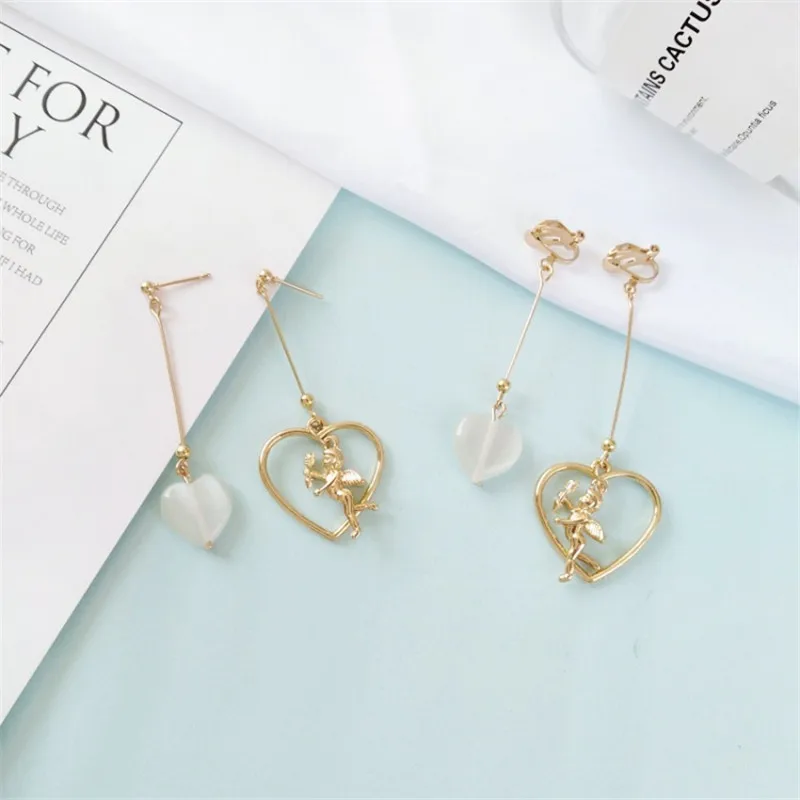 

Japan And Korea Trendy Sweet Heart Bead Angel Cupid Asymmetric Pendant Alloy Earrings Ear Clip Female Fashion Jewelry Gift