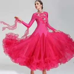 Красный Бальные платья для женщин Бальные конкурс Платья Длинные бальных танцев Одежда Платье Стандарт горный хрусталь танцевальные