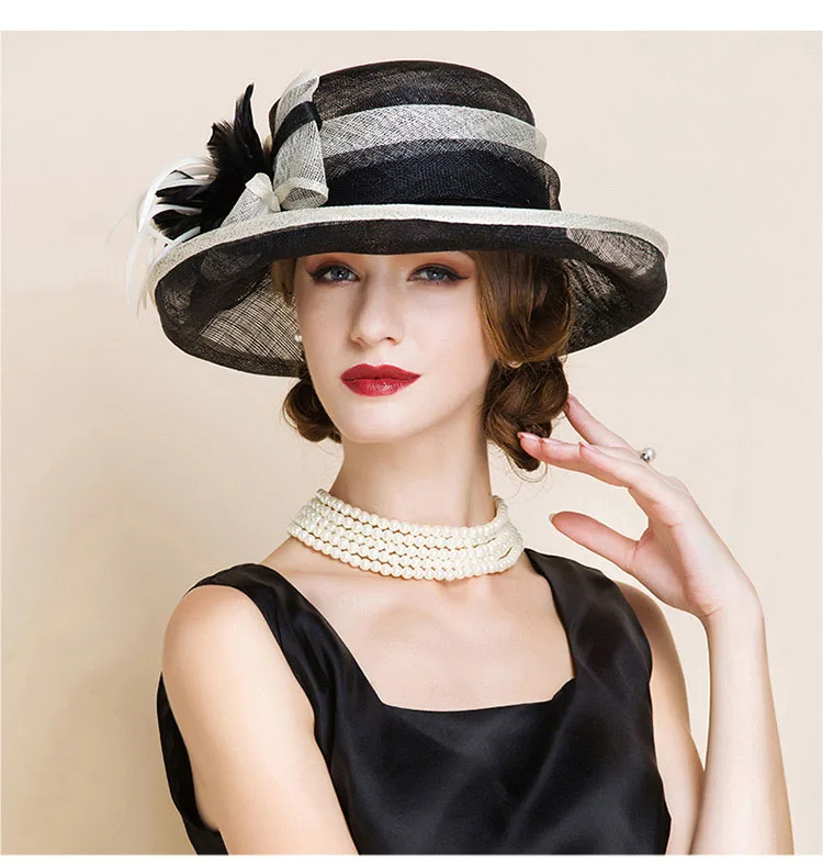 Женская льняная шляпка FS, широкополая шляпа с бантом и декоративным цветком, для церкви и торжественных случаев, черно-белая, летняя