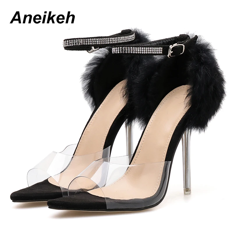 

Aneikeh 2019 Transparent High Heel Sandals Rhinestone Buckle With Pointed Open Toe High Heels Mane Decorated Stiletto Sandals