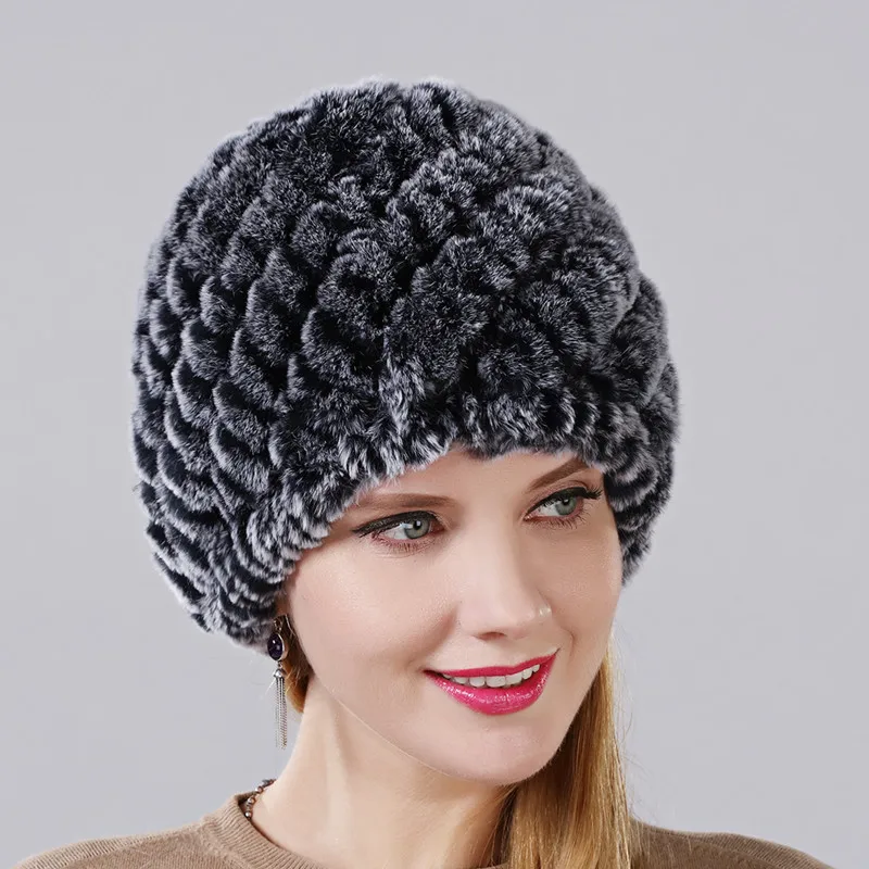 

Hot 2017 New 100% Genuine Knitted Rex Rabbit Fur Hat Winter Lady Floral Cap Female Women Rabbit Fur Beanies hats free shipping