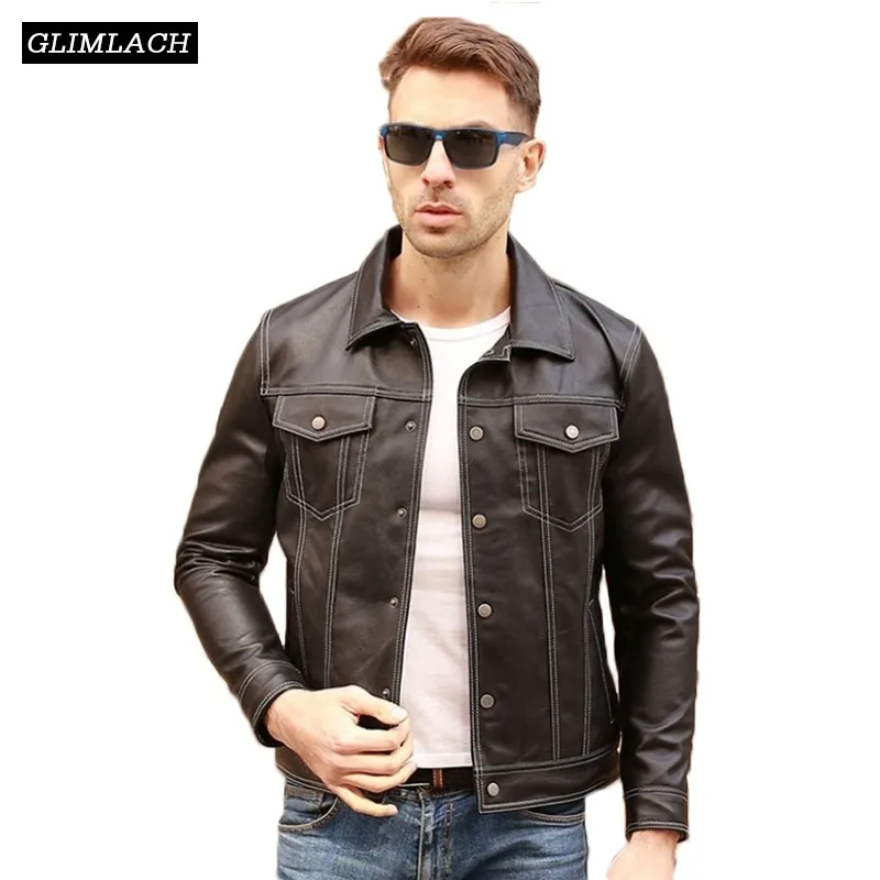 

New Luxury Sheepskin Real Leather Jackets Men Cowboy Style Vintage Slim Genuine Leather Coats Casual Fashion Lapel Moto Jacket