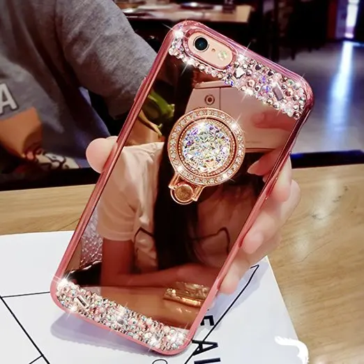 

Luxury Diamond Soft Rubber Crystal Rhinestone Glitter Mirror Case for Girls with Ring Stand for iphone5s 6 6plus 7 7plus 8 8plus