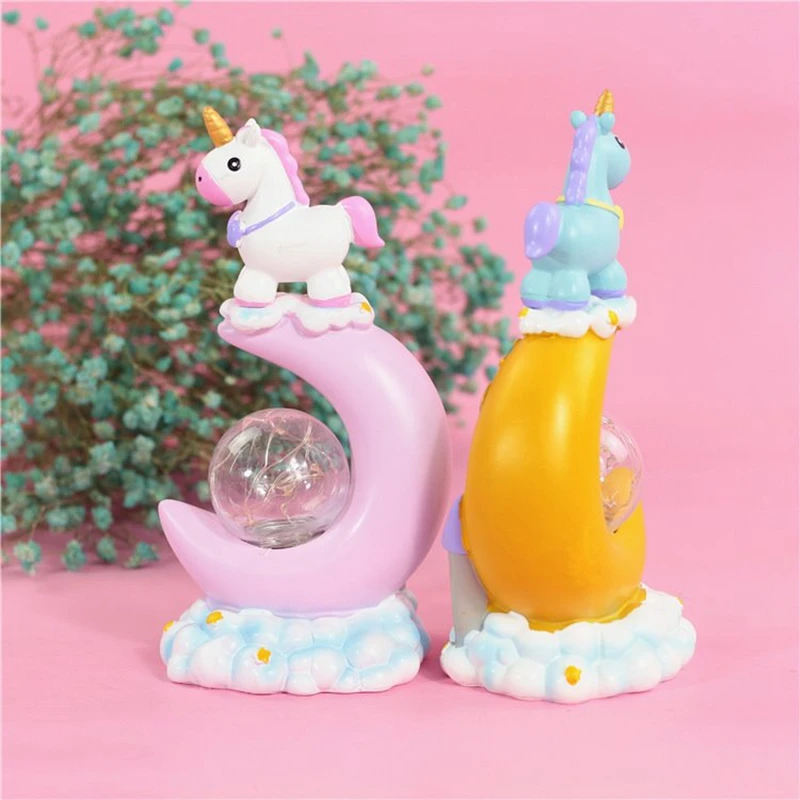 Cartoon Unicorn Resin Craft Led Night Light Car Miniature Decor Kids Home Decor Table Lamp Ornaments Birthday Valentine Gifts