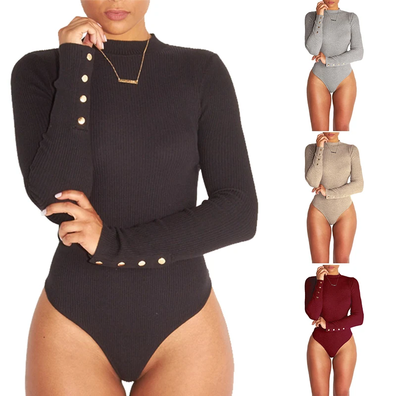 

4 Colors Women Sexy Button Long Sleeve Bodysuit Tops Solid Playsuit Romper Female Stretch Slim Jumpsuit Overalls