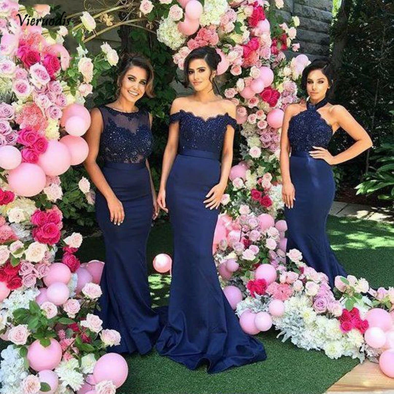 

Navy Blue Off Shoulder Bridesmaid Dresses Formal Wedding Party Dress Appliques Lace Elastic Satin Women Bridesmaid Dress