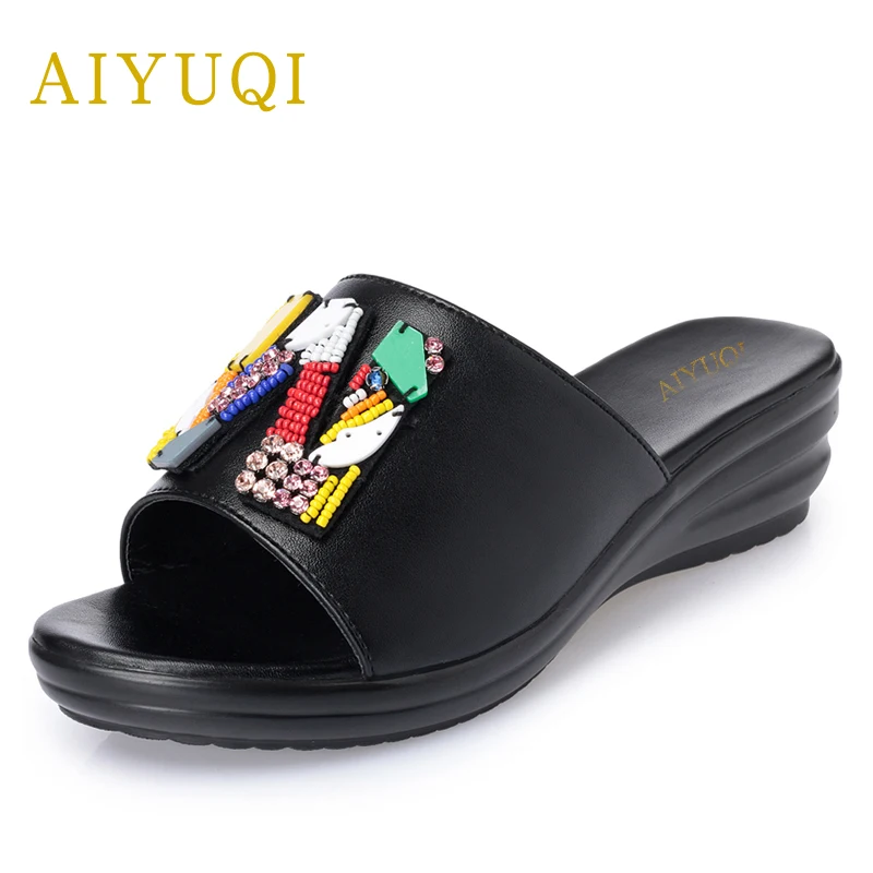 

AIYUQI 2019 new summer genuine leather women's slippers comfortable breathable flat slippers big size41#42#43# beach flip flops