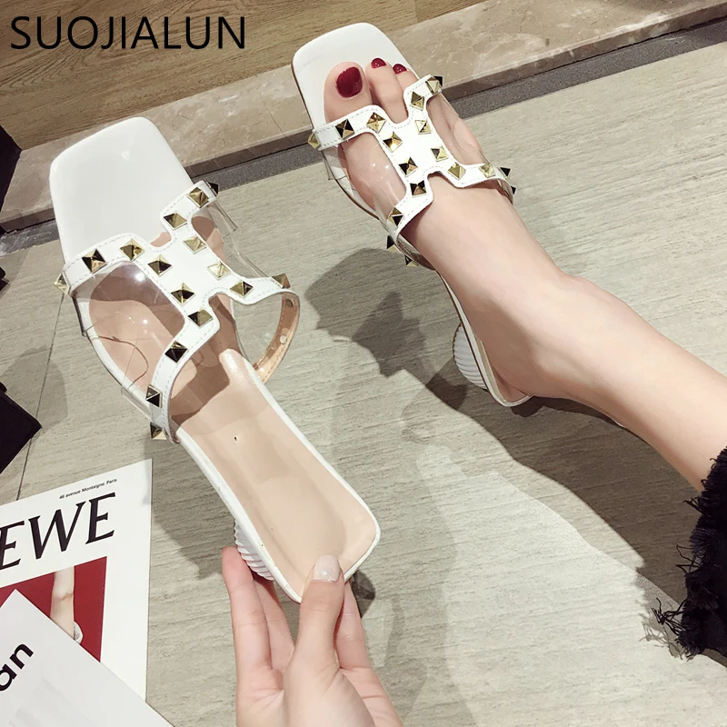 

SUOJIALUN Fashion Rivet Women Slides Summer Rivet Slippers Elegant Med Heel Women Flip Flops Ladies Casual Beach Flip Flops