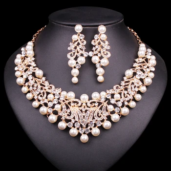 

Gold Color Imitation Pearl Wedding Necklace Earrings Sets African Beads Bridal Jewelry Sets Party Costume Accessories for Women