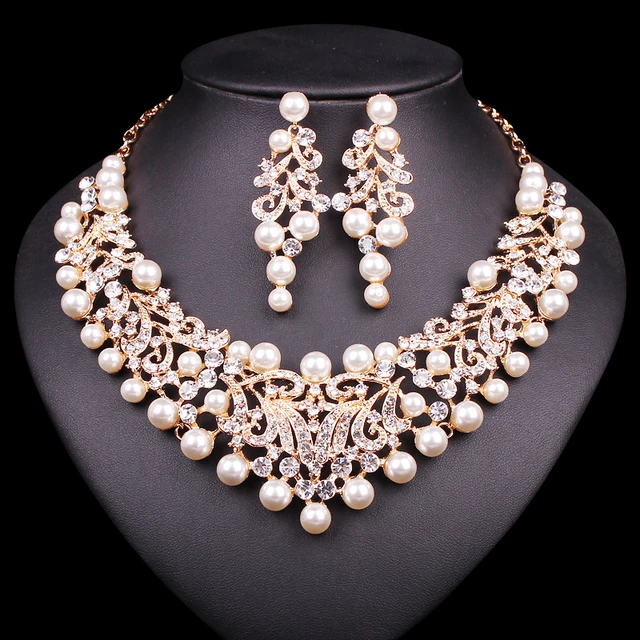 Gold Color Imitation Pearl Wedding Necklace Earrings Sets African Gold Color Imitation Pearl Wedding Necklace Earrings Sets African Beads Bridal Jewelry Party Costume Accessories