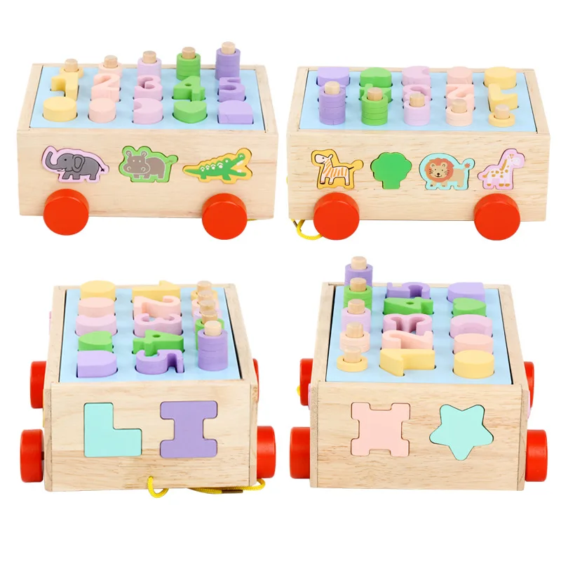Baby Toys Kids Trailer Wooden Train Vehicle Blocks Geometry/Colour Congnitive Blocks Child Education Birthday/Christmas Gift