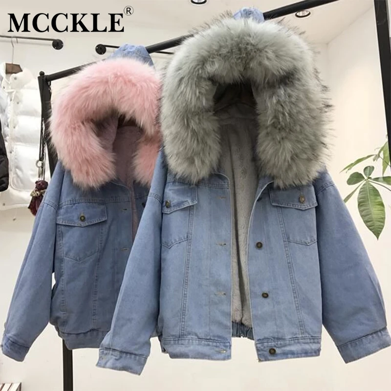 

Women's Denim Jacket With Fur Winter Jeans Hooded Velvet Coat Female Faux Fur Collar 2019 Padded Warm Jackets Women Dropshipping