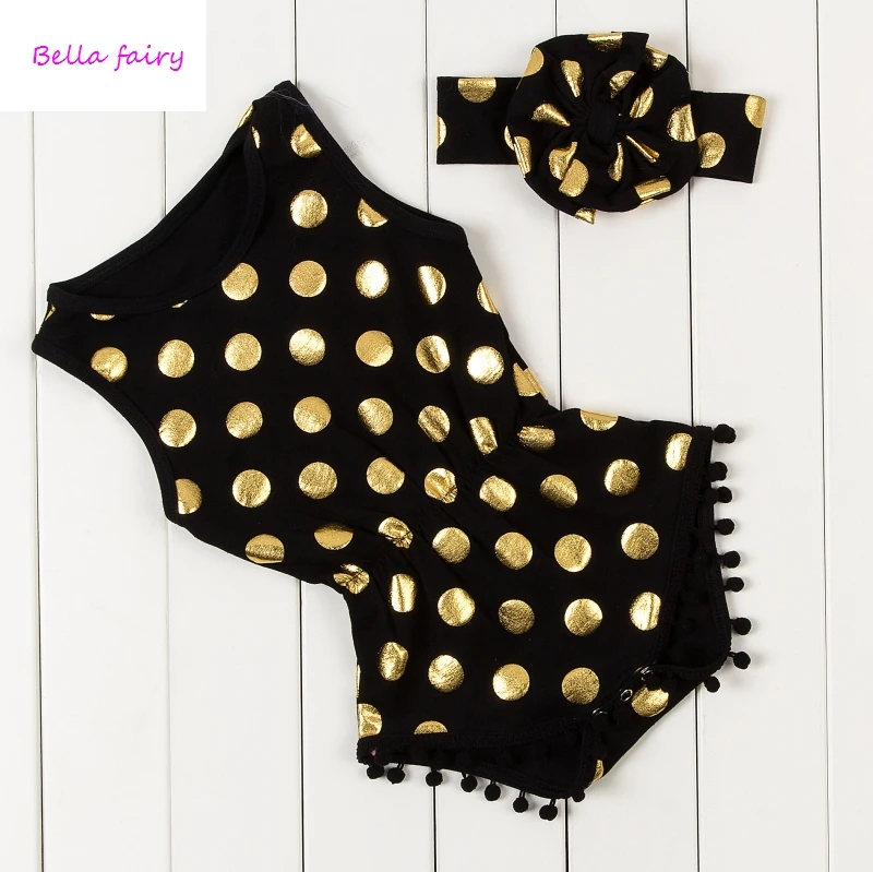 

Baby Gold Dot Print Cotton Pompom Romper Sets Cute Baby Girls Suit Black Toddler Children for 0-3 years Free shipping