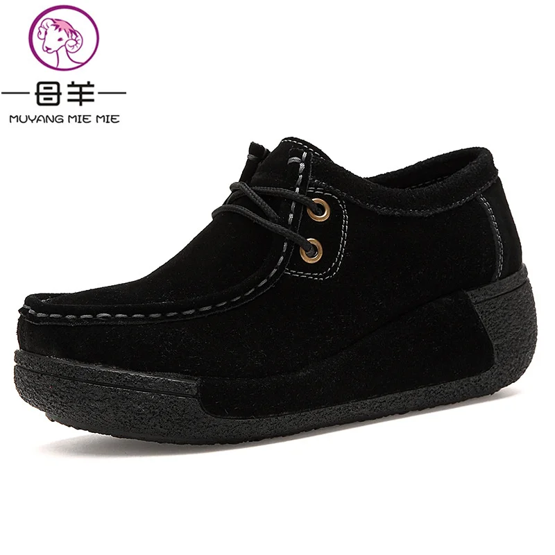 MUYANG Chinese Brand Fashion High Heels Women Genuine Leather Single Wedge Platform Shoes Woman Swing Casual Wedges Women Pumps