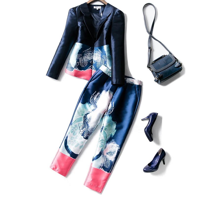 

Autumn Women Elegant Runway Pants Suits Hidden Breasted Blazer Ankle-Length Trousers Casual Printing Two Pieces Sets Plus Size
