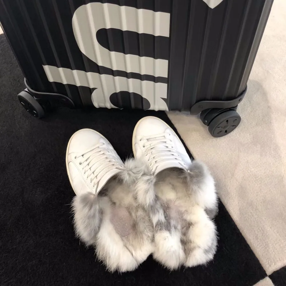 

Chic Spring Autumn Shoes Woman Slip On White Lazy Flats Leather Casual Mules Rex Rabbit Fur Design Woman Tide Shoes Cozy Flats
