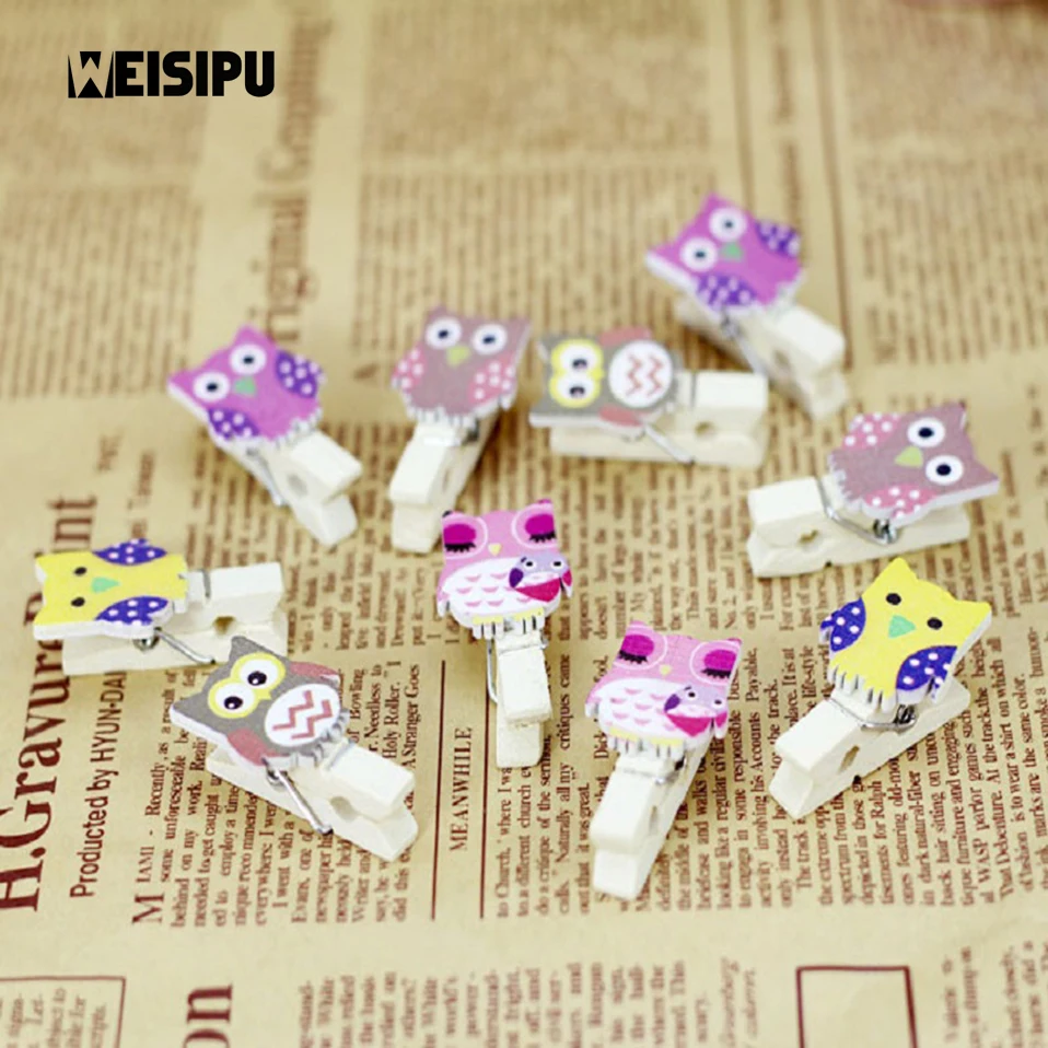 

WEISIPU 10Pcs/lot Mixed Color Cute Owl Shaped Wooden Clips with Rope Photo Craft Wall Party Decor Home DIY Decoration