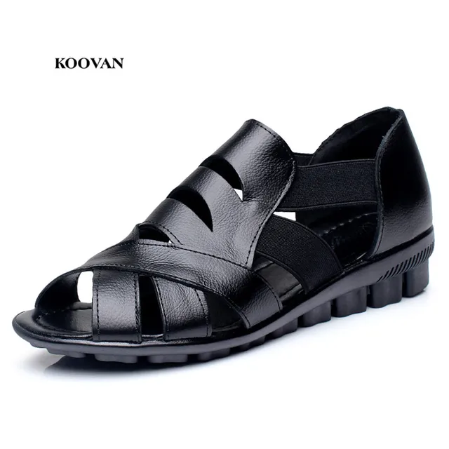 Koovan Women Sandals 2017 Summer 41-43 Hollow Women Shoes Flat Bottom Mother Shoes Real Leather Mama Summer Shoes