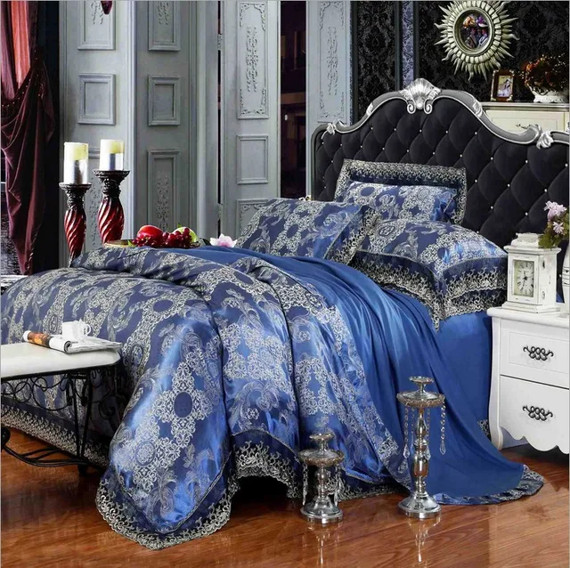 Luxury Lace Royal Blue Bedding Set 4pcs King Queen Size Jacquard Luxury Lace Royal Blue Bedding Set 4pcs King Queen Size Jacquard Bedspread Duvet Cover