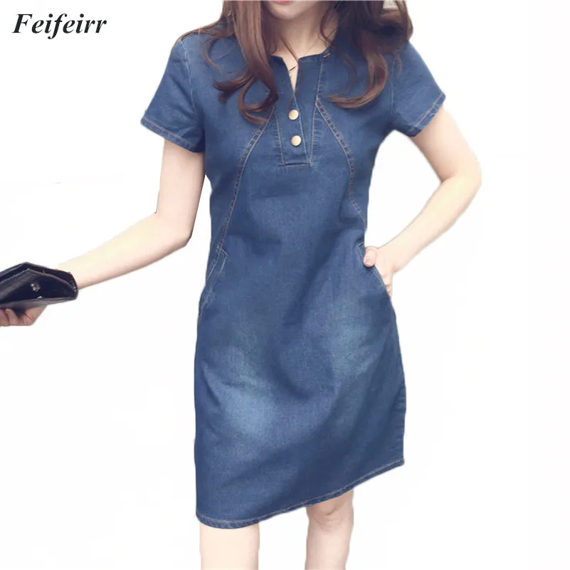 

2019 Summer New Plus Size European Style Dresses For Women Denim casual long section With Pocket Beach Dress Vestidos Feminino