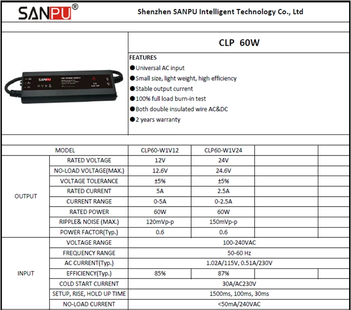 SANPU 12 вольт тонкий блок питания IP67 водонепроницаемый пластик 60 Вт 5 ампер постоянное напряжение 12 В светодиодные полосы драйвер AC-DC CLP60-W1V12