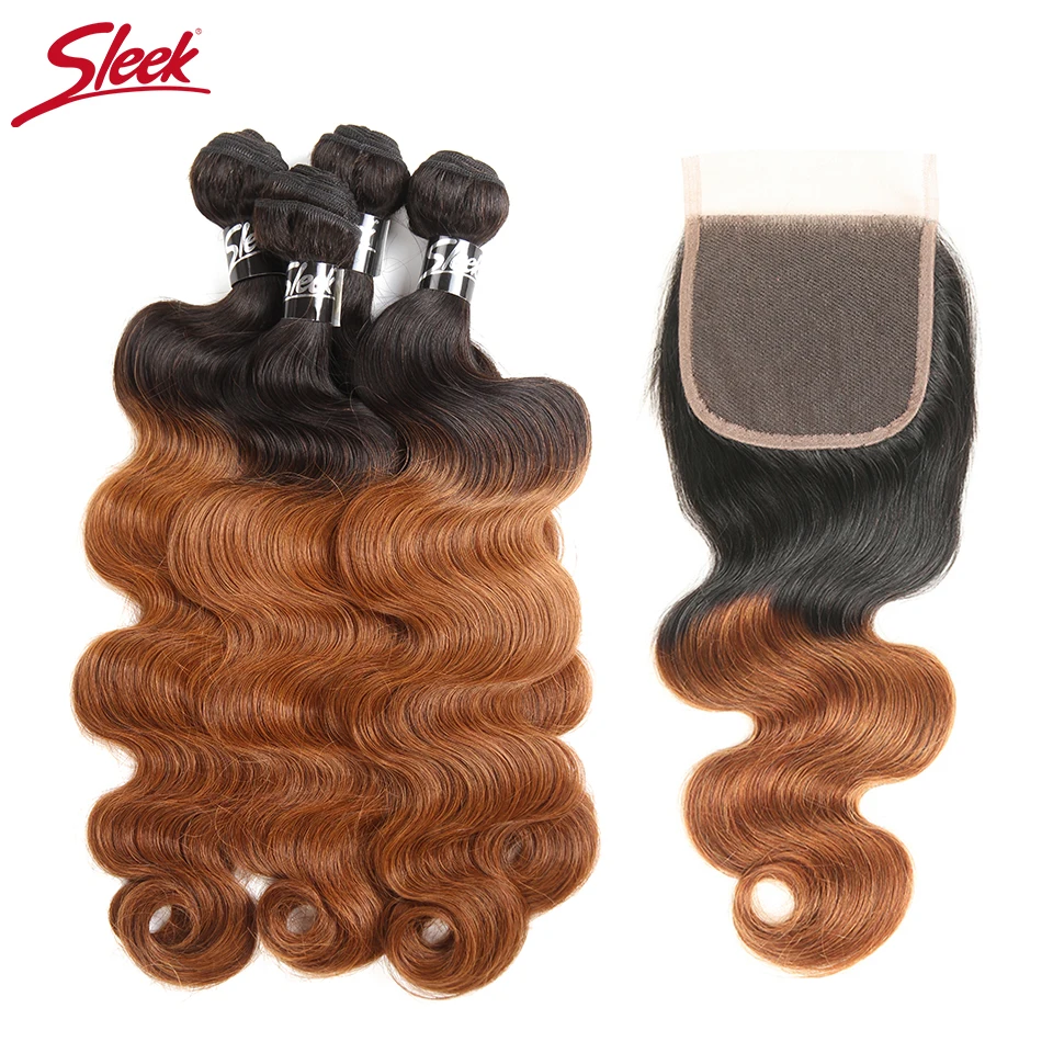

Sleek Ombre Brazilian Hair Body Wave 4 Bundles With Closure Free Part Color 1B/30 Remy Human Hair With Lace Closure