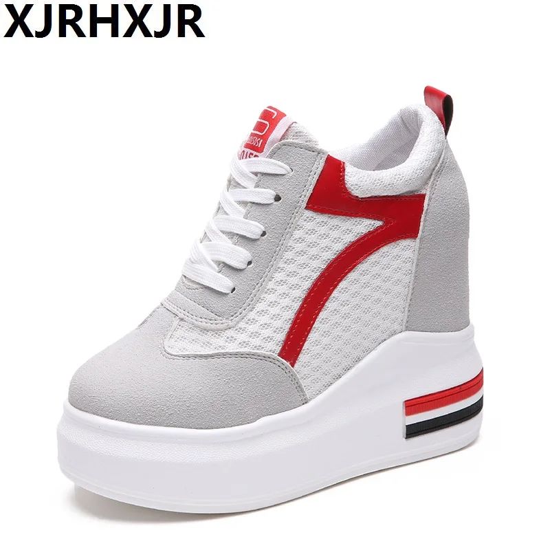 

XJRHXJR 2018 Women Suede Patch 5.5 + 5.5 = 12 cm High Heel Casual Shoes Summer Breathable Sneakers