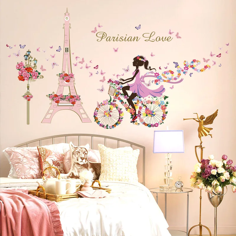 Top 145*80cm Beautiful Butterfly Flowers Girl Wall Sticker Home Decor for Girls Room Romantic Love Eiffel Tower Mural Decal | Дом и сад