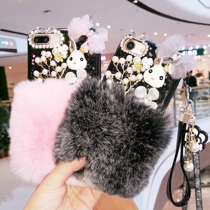 

Fancy Ingenious lace bow rabbit flower furry pearl strap crystal cell phone case cover for iPhone 6 6s 7 8 plus X XS max XR