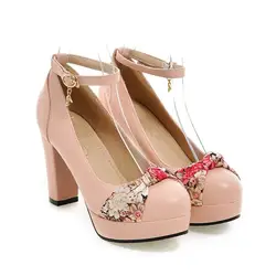 Новинка, модная женская обувь, туфли-лодочки на платформе, черные туфли мэри джейн на высоком массивном каблуке 9 см с вышивкой, розовый