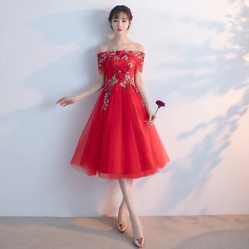 

Red Bridesmaid Bride Wedding Dress Chinese Style Tassel Flower Gowns Sexy Slim Evening Formal Dresses Vestidos Appliques Gown