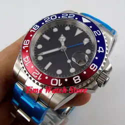Парнис 40 мм черный циферблат красный и синий ободок GMT сапфировое стекло Автоматическая Мужские часы наручные часы 523