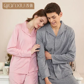

Couple Pajamas Set Spring And Autumn Cotton solid color Women Pyjamas M-2XL Long Sleeve Cardigan Sleepwear Men Lounge Pijama