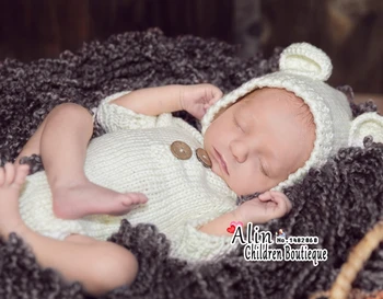

Bear Newborn Costume Baby Knit Romper+Hat Set Button Newborn Baby Clothes ,#P2034