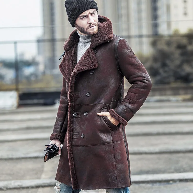 Роскошная мужская Военная оригинальная длинная куртка из овчины, винтажная натуральный мех, теплое пальто Air Force, натуральная кожа, байкерские пальто