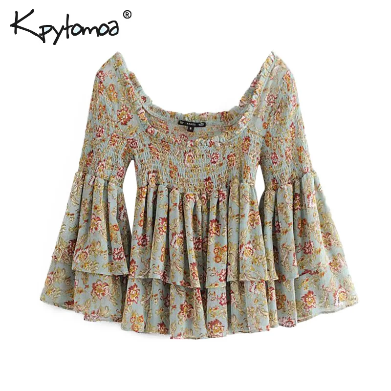 

Vintage Sexy Floral Print Ruffles Tops Women Blouses 2019 Fashion Square Collar Long Sleeve Pleated Shirts Casual Blusas Mujer