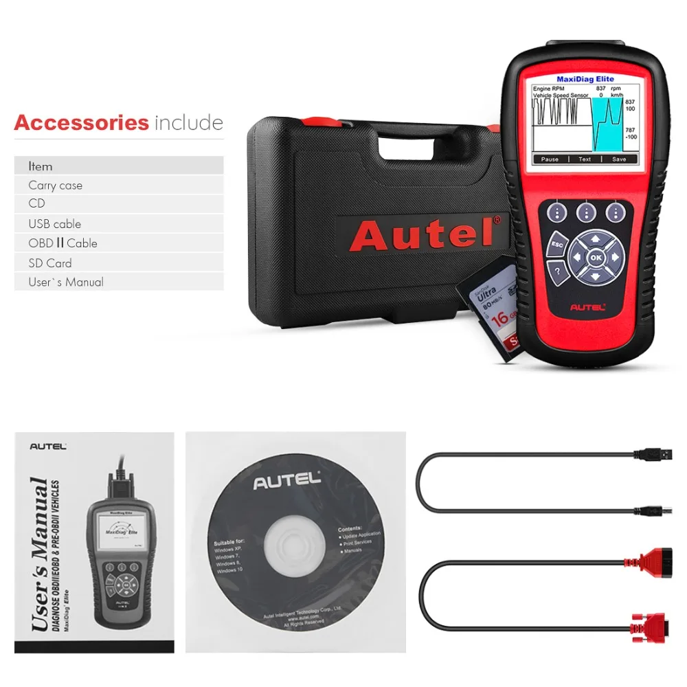 Autel Maxidiag Elite MD802 OBD2 сканер OBD2 Авто сканер Бортовая Система диагностики 2 автомобиля диагностический сканер Eobd автомотоскоп