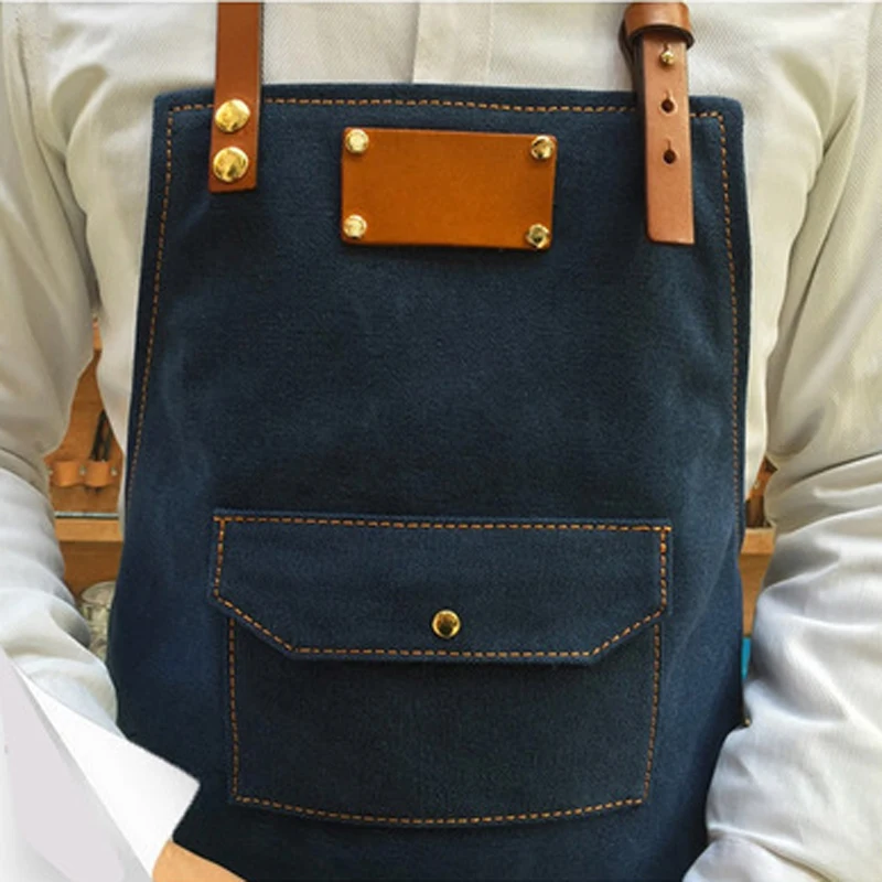 Blue Practical Working Denim Bib Apron With Leather Strap For Barista Chef Barber Pocket Studio Uniform