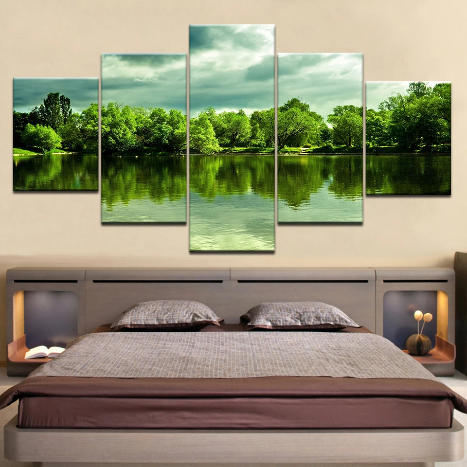 

5 Piece Canvas Painting Green Lake Trees HD Printed Canvas Art Print Wall Art Home Decor Poster Pictures for Living Room Artwork