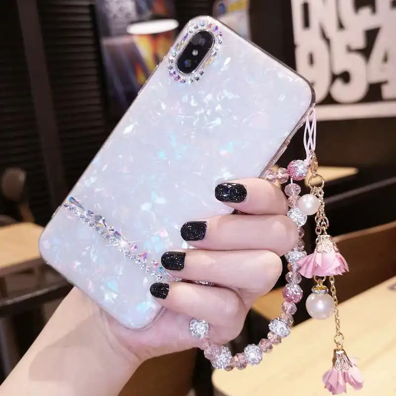 

For Huawei P8 P9 P10 P20 Lite Plus mate 10 pro Luxury Fancy diamond pearl flower bracelet crystal lanyard shell phone case