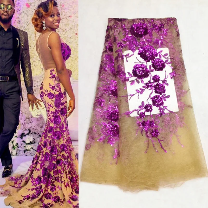 

2019 High Quality 3D Flower Lace African Fabric Sheet sequins Chiffon Tulle Organza Sewing Cloth for Wedding Party Wedding Dress