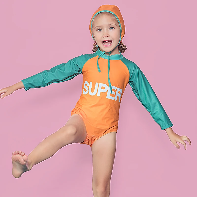 Lovely Little Girls Swimwear Long Sleeves Solid Children Sport Swimsuit