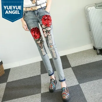 

Streetwear Fashion New Hip Hop Personalized Denim Pants For Women Chic Sequins Flowear Jeans Washed Ripped Roupas Feminina