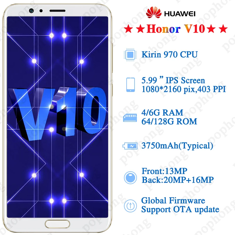 HONOR View 10, Honor V10, 6 ГБ, 64/128 ГБ, смартфон, 5,99 дюймов, Kirin 970, четыре ядра, Android 8,0, NFC, отпечаток пальца, 3750 мАч