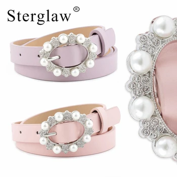 

107x1.8cm Summer new womens Pearl inlay belts for women dress vintage black thin belt waistband female ceinture femme N181