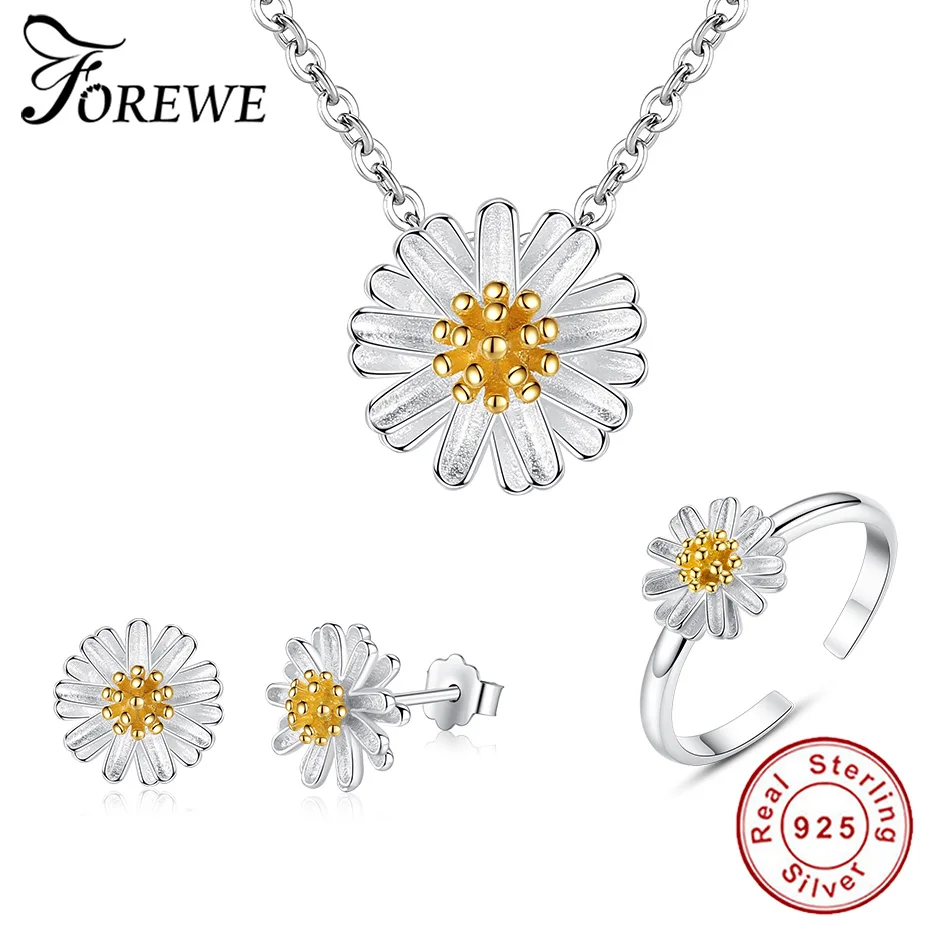 925 Sterling Silver Jewelry Set Daisy Flower Necklace Stud Earrings