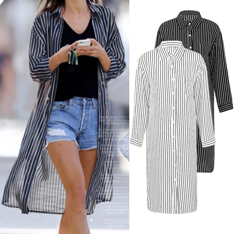 

3XL 4XL 5XL Plus Size Kimono Cardigan Women Long Sleeve Shirt Striped Blouses Turn-Down Collar Oversized Tunic female Long Tops